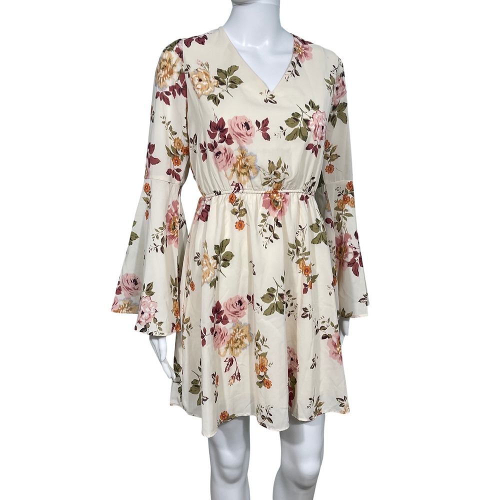 Cream Floral Bell Sleeve Dress Romantic Cottagecore Boho Chic Mini Dress Medium